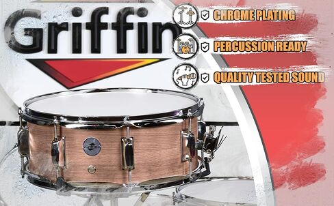 GRIFFIN Snare Drum – 14" x 5.5" (PoplarPro Edition) with Oak Wood PVC Wrap, Coated Head, 8 Tuning Lugs, Deluxe Snare Throw Off & Key in Saudi Arabia