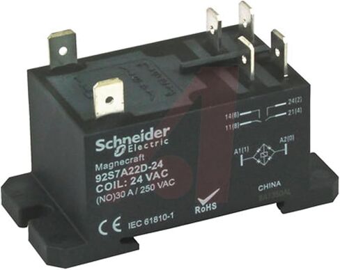 Schneider Electric - 92S7A22D-24 - Power Relay, DPST-NO, 24 VAC, 30 A, Magnecraft 92 Series, DIN Rail, Panel, Non Latching in Saudi Arabia