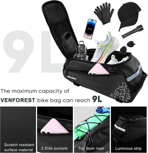 Bike Rear Rack Bag,9L PVC Waterproof Bike Trunk Bag for Road and Mountain Bikes,Bicycle Rear Seat Bag with Rain Cover Bike Saddle Bag for Cycling Trip (Pure Black) in Saudi Arabia