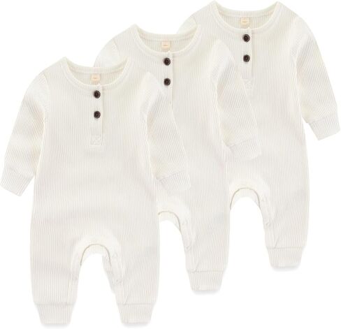 Newborn Baby Boys Girls One Piece Romper With Mitten Cuffs 3 Pack Long Sleeve Ribbed Button Jumpsuit Outfit Clothes in Saudi Arabia