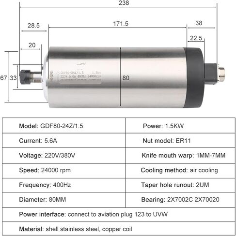 1.5kW CNC 1500W محرك مغزل مبرد بالهواء ER11 D = 80mm 220v 5.6a 24000 دورة في الدقيقة (1.5kw 220v ER11) in Saudi Arabia
