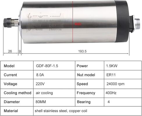 1.5kw ER11 محرك مغزل مبرد بالهواء 220V 380V القطر 80 مم 24000 دورة في الدقيقة 4 محامل (1.5 كيلو وات 380V) in Saudi Arabia