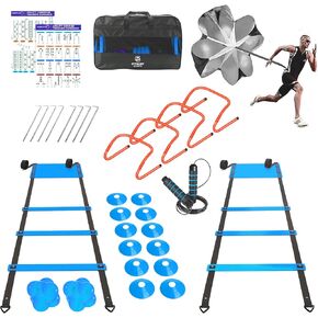 Agility Ladder Speed Training Equipment Set-2x 20ft Agility Ladder,12 Soccer Cones,4 Hurdles, Jump Rope, Running Parachute| Basketball Football Soccer Training Equipment for Kids Youth Adults in Saudi Arabia
