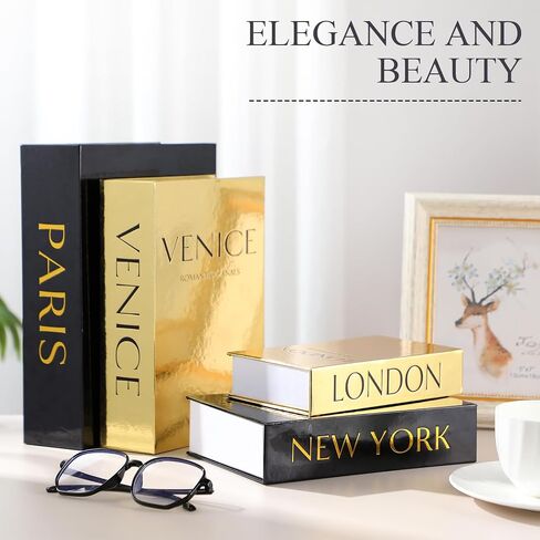 مجموعة من 4 صناديق كتب زخرفية كتب مكدسة من أجل طاولات القهوة المنزلية الحديثة أرفف الكتب ديكور ديكور ، أسود وذهبي in Saudi Arabia