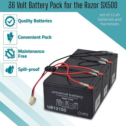 Alveytech 36 Volt Lead Lead Acid Battery Pack for Razor SX500 Dirt Rocket Bike (12 AH ، مع تسخير) - مجموعة بديلة من 3 بطاريات AGM قابلة لإعادة الشحن مع تسخير الأسلاك in Kuwait
