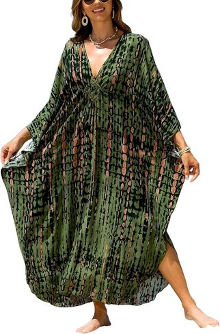 فساتين Kaftan للنساء بالإضافة إلى الحجم V-Neck Moo Moos Batwing Kaftan Beach Dress With Wathing Supwear-Up Loungewear in Kuwait
