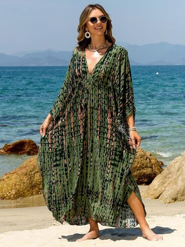 فساتين Kaftan للنساء بالإضافة إلى الحجم V-Neck Moo Moos Batwing Kaftan Beach Dress With Wathing Supwear-Up Loungewear in Kuwait