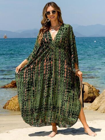 فساتين Kaftan للنساء بالإضافة إلى الحجم V-Neck Moo Moos Batwing Kaftan Beach Dress With Wathing Supwear-Up Loungewear in Kuwait