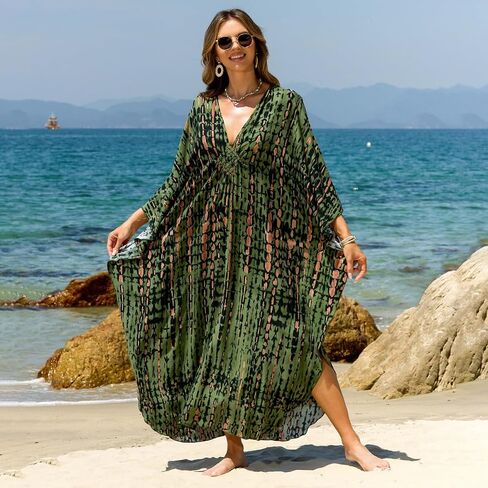 فساتين Kaftan للنساء بالإضافة إلى الحجم V-Neck Moo Moos Batwing Kaftan Beach Dress With Wathing Supwear-Up Loungewear in Kuwait