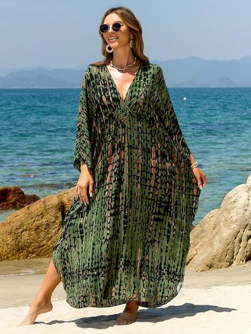 فساتين Kaftan للنساء بالإضافة إلى الحجم V-Neck Moo Moos Batwing Kaftan Beach Dress With Wathing Supwear-Up Loungewear in Kuwait