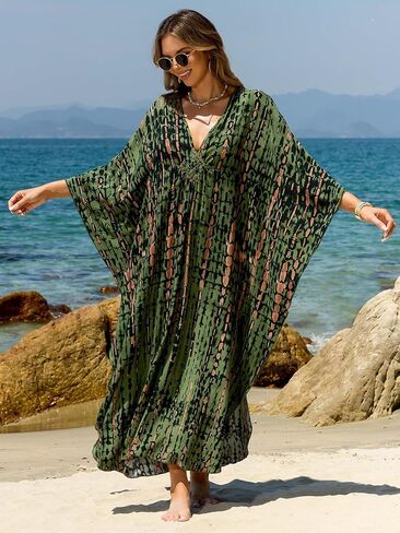 فساتين Kaftan للنساء بالإضافة إلى الحجم V-Neck Moo Moos Batwing Kaftan Beach Dress With Wathing Supwear-Up Loungewear in Kuwait