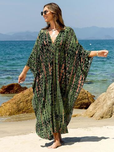 فساتين Kaftan للنساء بالإضافة إلى الحجم V-Neck Moo Moos Batwing Kaftan Beach Dress With Wathing Supwear-Up Loungewear in Kuwait