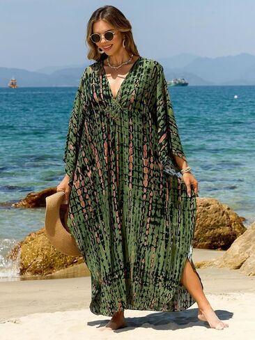 فساتين Kaftan للنساء بالإضافة إلى الحجم V-Neck Moo Moos Batwing Kaftan Beach Dress With Wathing Supwear-Up Loungewear in Kuwait