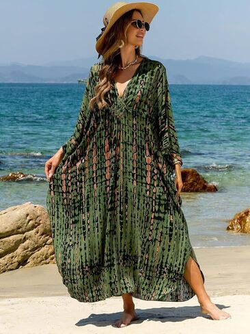 فساتين Kaftan للنساء بالإضافة إلى الحجم V-Neck Moo Moos Batwing Kaftan Beach Dress With Wathing Supwear-Up Loungewear in Kuwait
