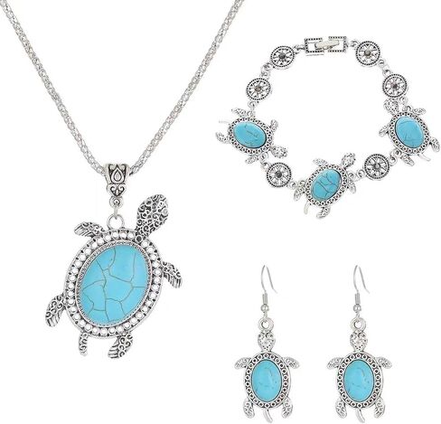 ONLYJUMP Vintage Turtle Necklace Pendant Cute Animal Sea Tortoise Turquoise Earrings Hook Hollow Circle Flower Bracelet for Women Boho Jewelry Set in Saudi Arabia