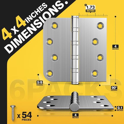 KOLET Ball Bearing Door Hinges, 4 x 4 Inches Door Hinges, Square and 5/8'' Radius Corner, Heavy Duty Stainless Steel Hinges, Smooth and Quiet, Non Removable Pin, Brushed Nickel, 3 Pack in Saudi Arabia