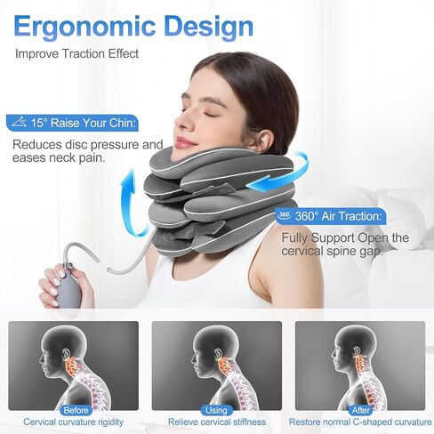 Inflatable & Adjustable Neck Traction Device with Neck Brace,Portable Cervical Traction Device for Instant Neck Pain Relief,Perfect for Home,Office,and Travel(Gray) in Kuwait