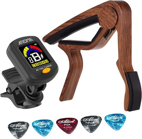 Guitar Tuner Clip On Rechargeable Full Color Display Tuner Guitar Capo with Rosewood Finish Capo 5 PCS Celluloid Picks for Acoustic Electric Guitar Chromatic in Saudi Arabia