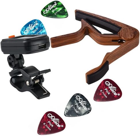 Guitar Tuner Clip On Rechargeable Full Color Display Tuner Guitar Capo with Rosewood Finish Capo 5 PCS Celluloid Picks for Acoustic Electric Guitar Chromatic in Saudi Arabia