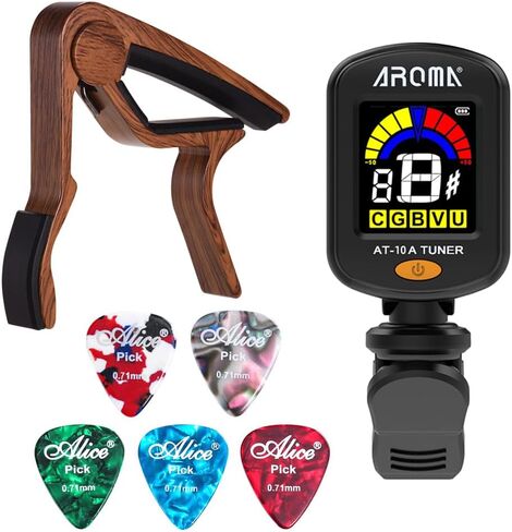 Guitar Tuner Clip On Rechargeable Full Color Display Tuner Guitar Capo with Rosewood Finish Capo 5 PCS Celluloid Picks for Acoustic Electric Guitar Chromatic in Saudi Arabia