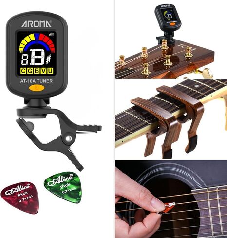 Guitar Tuner Clip On Rechargeable Full Color Display Tuner Guitar Capo with Rosewood Finish Capo 5 PCS Celluloid Picks for Acoustic Electric Guitar Chromatic in Saudi Arabia
