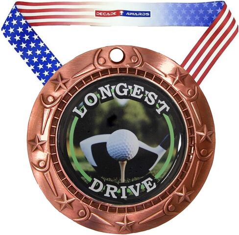 Decade Awards Golf Medal, Longest Drive - Gold, Silver or Bronze | Engraved Golf Medal, World Class with Stars & Stripes Ribbon - 3 Inch Wide - Customize Now in Saudi Arabia
