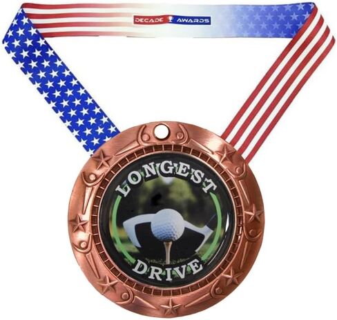 Decade Awards Golf Medal, Longest Drive - Gold, Silver or Bronze | Engraved Golf Medal, World Class with Stars & Stripes Ribbon - 3 Inch Wide - Customize Now in Saudi Arabia