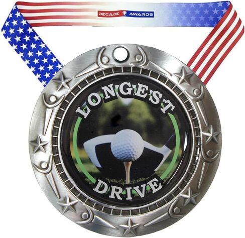 Decade Awards Golf Medal, Longest Drive - Gold, Silver or Bronze | Engraved Golf Medal, World Class with Stars & Stripes Ribbon - 3 Inch Wide - Customize Now in Saudi Arabia