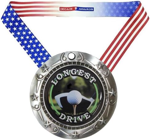 Decade Awards Golf Medal, Longest Drive - Gold, Silver or Bronze | Engraved Golf Medal, World Class with Stars & Stripes Ribbon - 3 Inch Wide - Customize Now in Saudi Arabia