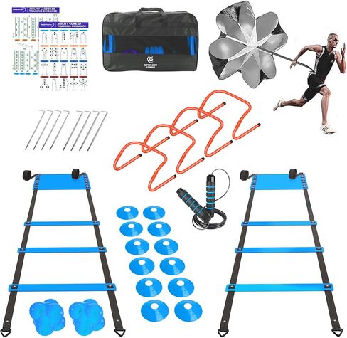 خفة الحركة معدات التدريب على سرعة السلم Set-2x 20ft خفة الحركة ، 12 مخروطات كرة قدم ، 4 عقبات ، حبل القفز ، المظلة الجري | كرة السلة لكرة القدم معدات تدريب كرة القدم للأطفال البالغين in Saudi Arabia