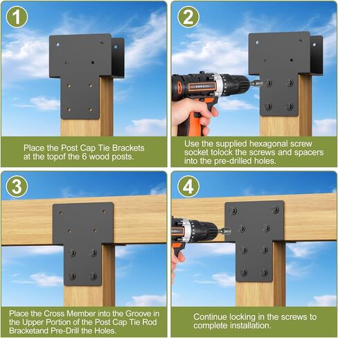 6x6 Post Caps Tie Brackets (Actual 5.5"x5.5") -4 Pack Heavy Duty Galvanized Steels Pergola Connector Brackets for Wood Posts, Gazebo & Deck Beams (Black) in Kuwait