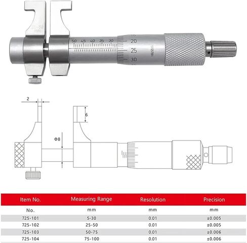 الفولاذ المقاوم للصدأ من نقطتين من النقطتين ميكرومتر ميكرومتر القياس الداخلي 5-30/25-50-75-100MM0.01N حاكم القطر الداخلي (الفضة) in Kuwait