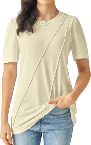 Women Short Sleeve Shirts 2025 Pleated Summer Fashion Tops Loose Fit Crew Neck Casual T-Shirts Vacation Outfits in Kuwait