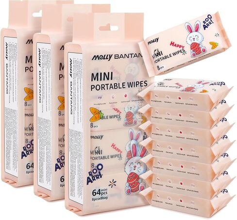 Wet Wipe Travel Size, Mini Makeup Wipes, Easy Portability, Skin-Friendly Ingredients, 3 Pack Total 64 Wipes, Pink in Kuwait