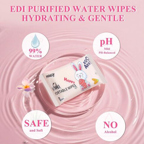Wet Wipe Travel Size, Mini Makeup Wipes, Easy Portability, Skin-Friendly Ingredients, 3 Pack Total 64 Wipes, Pink in Kuwait