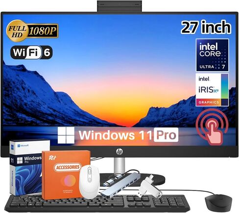 HP 27 Inch All in One Touchscreen Desktop Computer, Intel Ultra 7 155U(Up to 4.8GHz), Intel IrisXe, FHD Anti-Glare Touchscreen, 64 GB DDR5, 1 TB SSD, Windows 11 Pro, Office Pro Lifetime, Jet Black in Kuwait