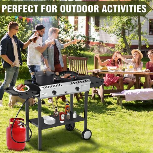2 Burner Propane Stove Outdoor Camping Gas Stoves 150,000 BTU Auto Ignition with Regulator and Side Shelves Perfect for Patio Home Cooking and Frying in Kuwait