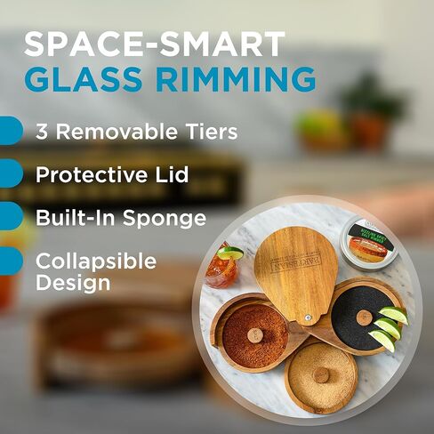 Bartesian Acacia Wood 3-Tier Cocktail Glass Rimmer Set - Luxury Home Bar Tool with Salt, Sugar & Lime Compartments - Professional Margarita and Craft Cocktails Bartender Rimming Station in Kuwait