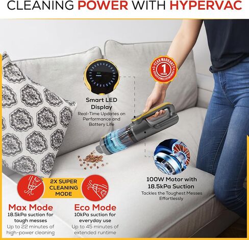 HyperVac 2-in-1 Corded & Cordless Car Vacuum + Blower | 18500Pa Suction, Flexible Hose, Pet Brush & More | XL Battery, USB-C Fast Charge | Handheld for Home, Office, Auto Detailing, Pets (2025 Model) in Saudi Arabia