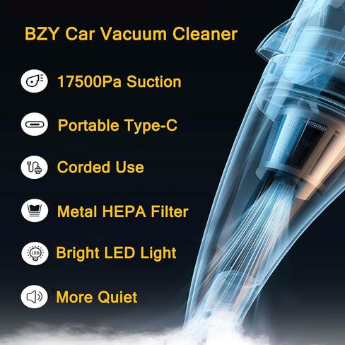 BZY Handheld Vacuum Cleaner Cordless Rechargeable 17500Pa Strong Suction Small Handheld Vacuum with LED Light Portable Car Vacuum Cleaner with Multi-Nozzles & Washable Filter 35Min for Car Home Pet in Saudi Arabia