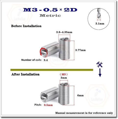 100pcs M3-0.5×1.5D Metric 304 Stainless Steel Helicoil Type Thread Repair Insert, Wire Thread Insert in Kuwait