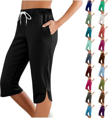 Women Capris for Summer Casual Crop Pants Petite Lightweight Stretch Elastic Waist Pull On Yoga Capris with Pockets in Saudi Arabia