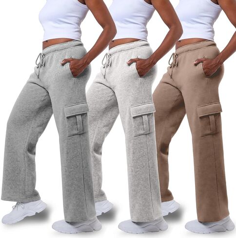 3 Pack Sweatpants Women, Wide Leg Cargo Womens Sweatpants, Wide Leg Pants with Pockets (Available in Plus) in Kuwait