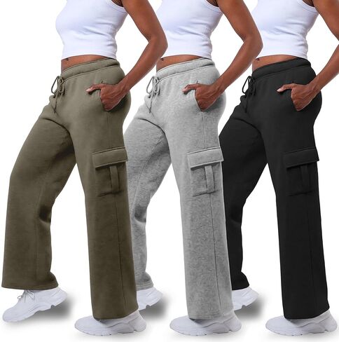 3 Pack Sweatpants Women, Wide Leg Cargo Womens Sweatpants, Wide Leg Pants with Pockets (Available in Plus) in Kuwait