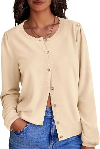 Saodimallsu Womens Puff Long Sleeve Cardigan Sweaters Fall Button Down Lightweight Knit Crew Neck Sweater Shirts in Saudi Arabia