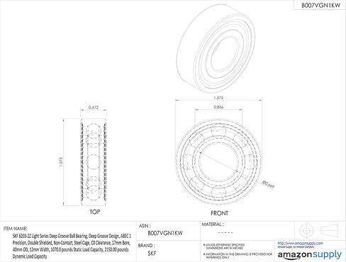 SKF 6203-2Z Light Series Deep Groove Ball Bearing, Deep Groove Design, ABEC 1 Precision, Double Shielded, Non-Contact, Steel Cage, C0 Clearance, 17mm Bore, 40mm OD, 12mm Width, 1070.0 pounds Static Load Capacity, 2150.00 pounds Dynamic Load Capacity in Saudi Arabia