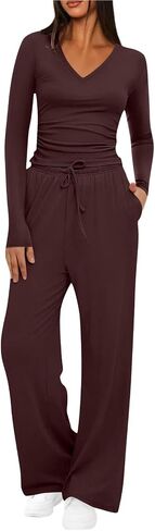 2 Piece Sets For Women Solid V Neck Long Sleeve Matching Outfits Trendy Slim Fit Top Wide Leg Pants Loungewear Set in Saudi Arabia