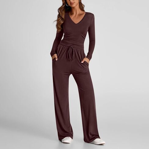2 Piece Sets For Women Solid V Neck Long Sleeve Matching Outfits Trendy Slim Fit Top Wide Leg Pants Loungewear Set in Saudi Arabia