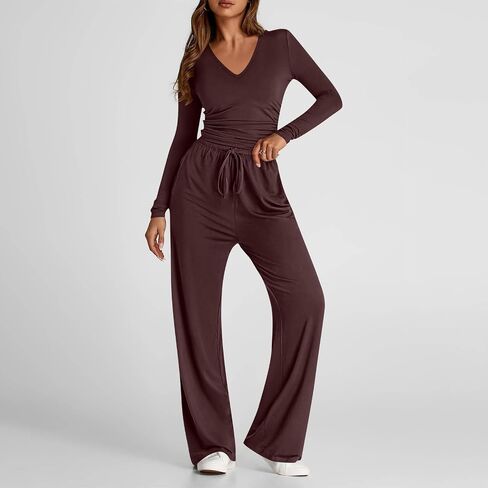 2 Piece Sets For Women Solid V Neck Long Sleeve Matching Outfits Trendy Slim Fit Top Wide Leg Pants Loungewear Set in Saudi Arabia