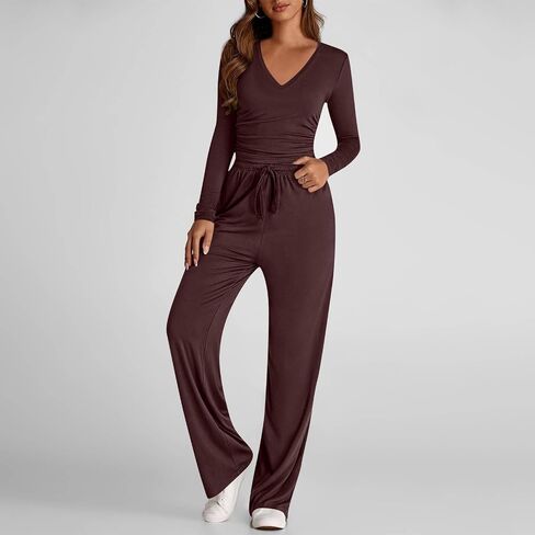 2 Piece Sets For Women Solid V Neck Long Sleeve Matching Outfits Trendy Slim Fit Top Wide Leg Pants Loungewear Set in Saudi Arabia